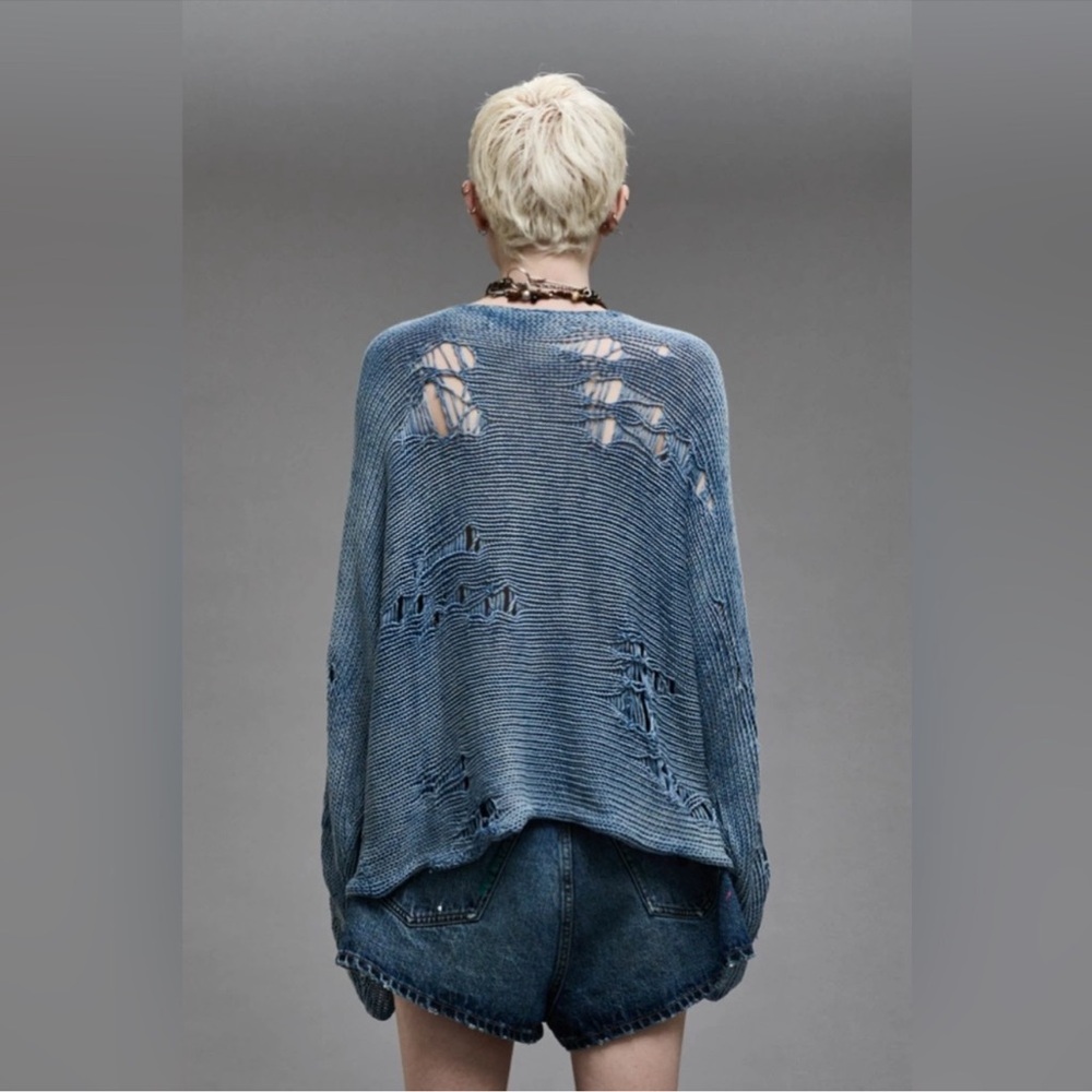R13 Distressed Boyfriend Crewneck Sweater in Indigo Blue Size XS - Picture 3 of 13